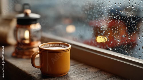 Cozy Rainy Day: A warm mug of coffee sits beside a glowing lantern on a wooden windowsill, with raindrops streaking down the windowpane, creating a tranquil atmosphere perfect for reflection.