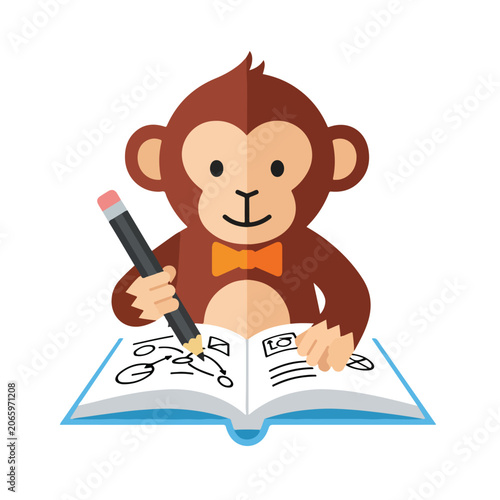 Photography A smart brown cartoon monkey wearing an orange bowtie is holding a pencil and sketching complex diagrams in an open notebook