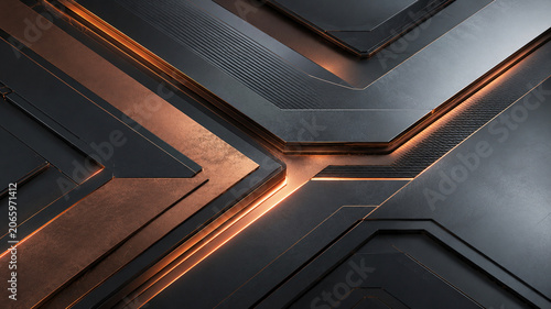 Architecture métallique futuriste en profondeur avec lueur orange