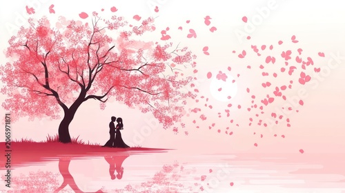 Romantic couple under a blossoming cherry tree by a serene lake.  Soft pink hues and falling petals create a romantic atmosphere