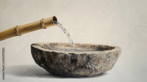 Tranquil water fountain, stone basin, bamboo spout