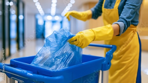 Professional Female Cleaner Throwing Plastic Rubbish in Bin with Yellow Gloves