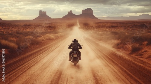 Lone rider on dusty road, desert landscape