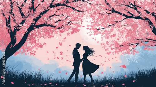 Romantic couple under cherry blossoms