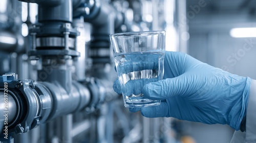 Clean Water Handling in Industrial Setting - Gloved Hand Holds Glass