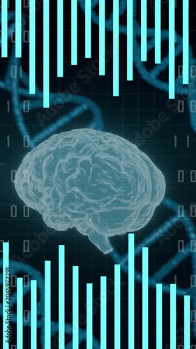 3D Brain with Glowing DNA Helix, Blue Biotechnology Concept Animation