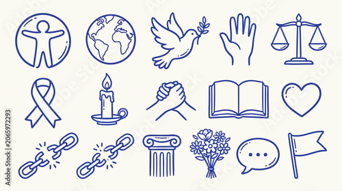 Foto Collection of icons representing human rights, peace, justice, and social causes