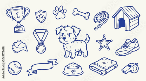 Foto Cute cartoon dog and pet accessories collection, hand-drawn doodle style