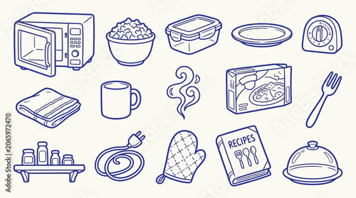 Tableau sur toile Collection of hand-drawn kitchen and food-related icons, including appliances, utensils, and ingredients