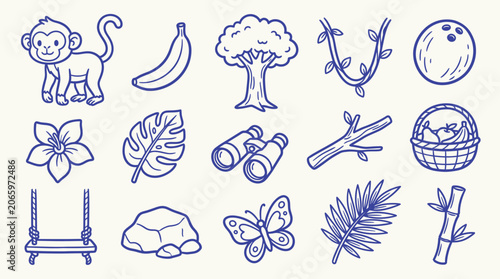 Photography Collection of hand-drawn jungle and safari elements including a monkey, banana, tree, vines, coconut, flower, leaves, binoculars, branches, basket, swing, rock, butterfly, palm leaf, and bamboo