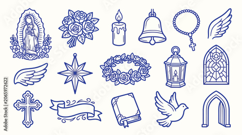 Foto Collection of religious and spiritual symbols, including a cross, rosary, dove, and stained glass window