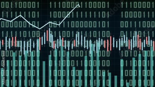 Stock Market Chart Analysis with Rising Bull Trend, Financial Growth Data Visualization and Trading Indicators on Digital Dashboard