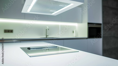 Futuristic Minimalist Kitchen Centerpiece With Sleek White Counter and Built-In Cooktop