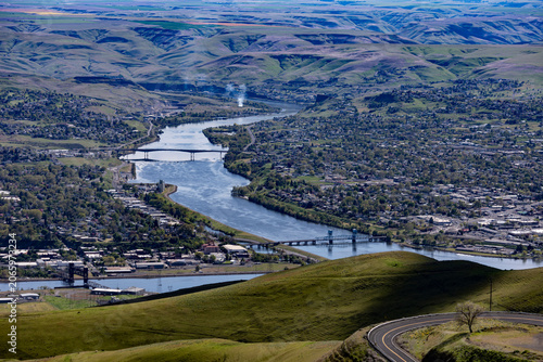 drone photo of the LC Valley showing the 3 bridges crossing the Clearwater and Snake Rivers connecting Lewiston ID and Clarkston WA Gateway to Hells Canyon.
