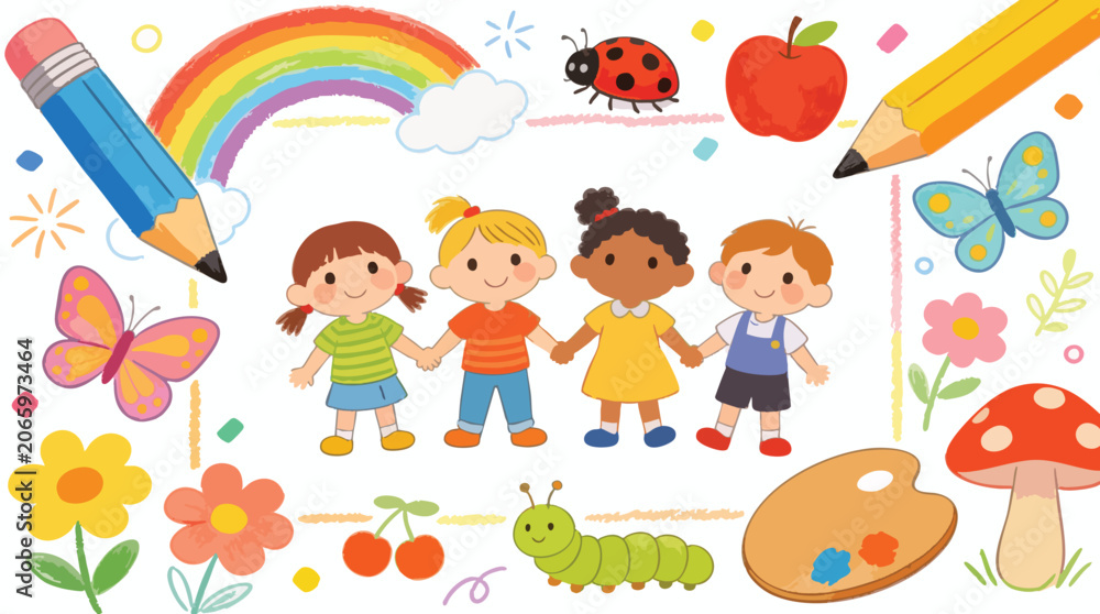 Naklejka premium Cute Hand Drawn Kids Doodle Background Frame with Rainbow, Pencils and Happy Children