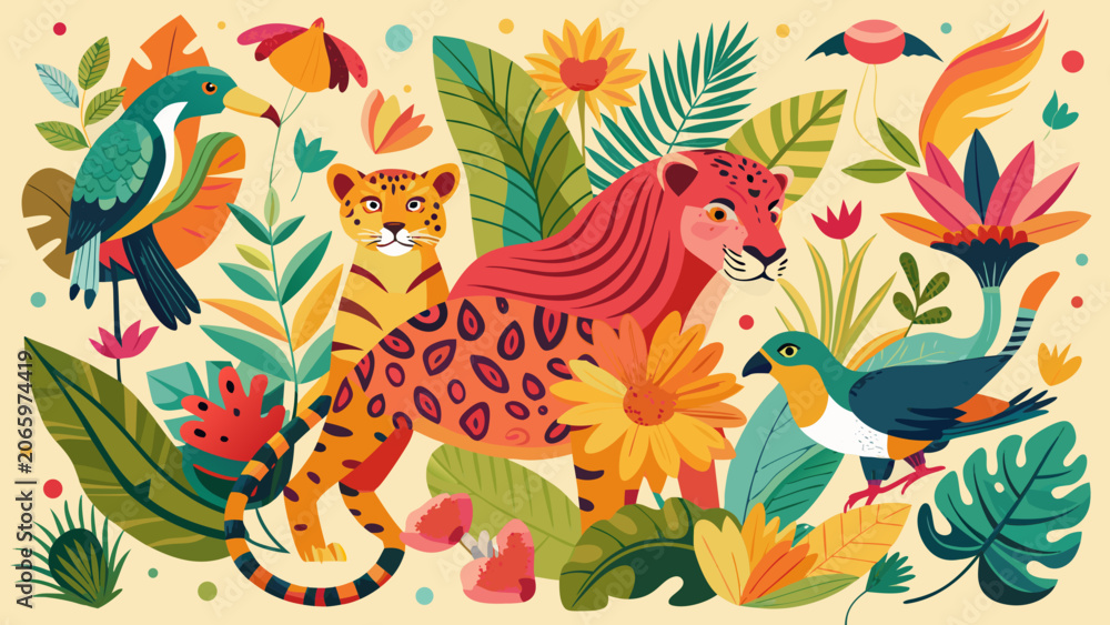 Obraz premium Vibrant jungle animals and exotic flora illustration seamless pattern.