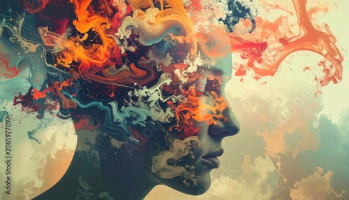 Profile of a person's head dissolving into colorful, abstract smoke against a cloudy backdrop