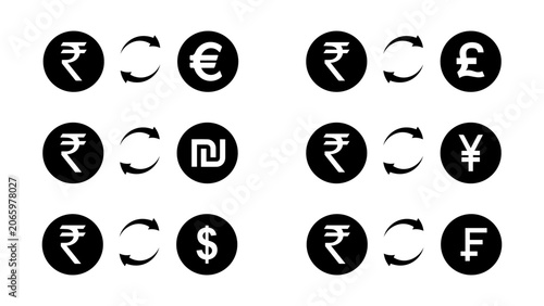 Foto Indian Rupee to World Currency Exchange Icon Set — Rupee Converted to Euro, Poun