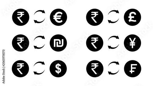 Bild auf Leinwand Indian Rupee to World Currency Exchange Icon Set — Rupee Converted to Euro, Poun