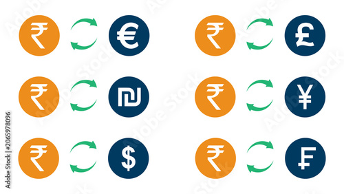 Foto Indian Rupee to World Currency Exchange Icon Set — Colorful Orange and Navy Blue