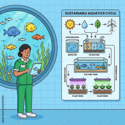 Illustration showing sustainable aquaculture system with fish and plant beds