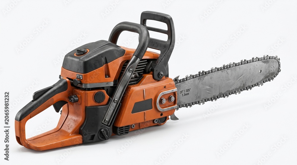 Fototapeta premium Chainsaw isolated on a white background with realistic details and studio lighting. Perfect for forestry, farming, land clearing, and wood cutting concepts.
