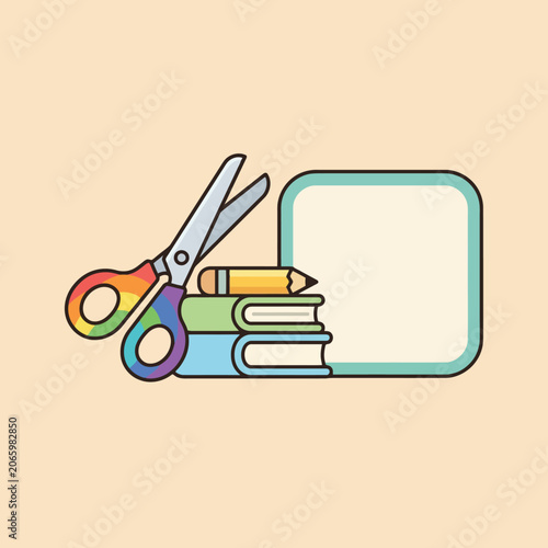 A set of colorful school supplies arranged on a light background