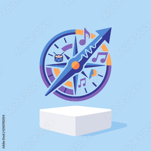 A colorful compass icon featuring musical notes and a drum