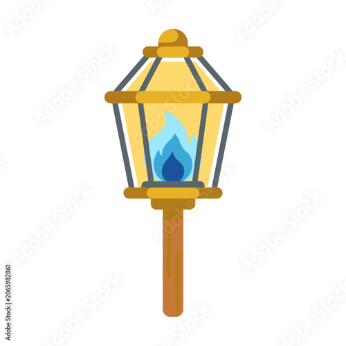 A vintage golden street lamp with a bright blue flame inside
