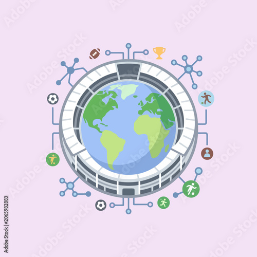 A digital illustration of a global sports stadium concept design