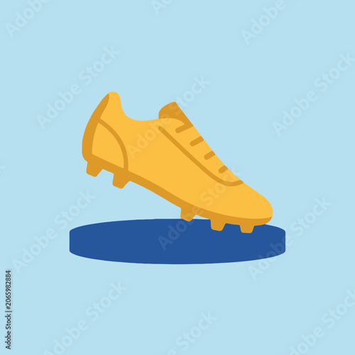 A yellow athletic cleat sits on a solid blue circular base