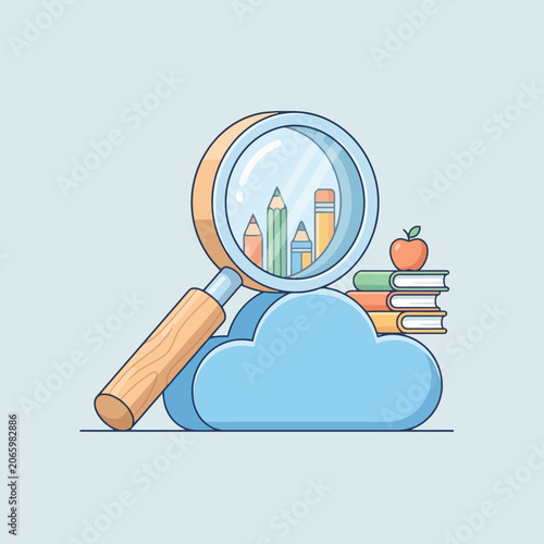 A magnifying glass examines pencils resting on a digital cloud