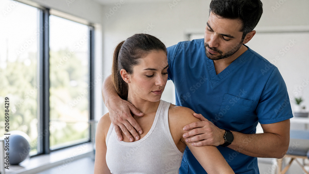 Fototapeta premium Physical therapist examining patient's shoulder