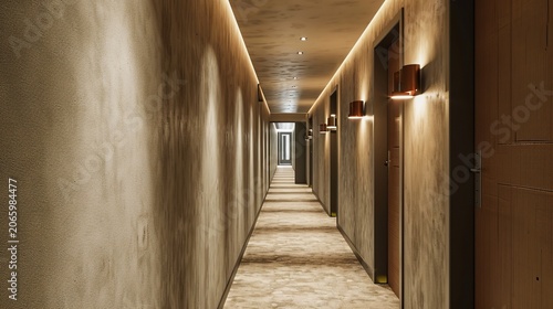 Long Narrow Hotel Corridor with Repeating Wooden Doors and Warm Ambient Lighting