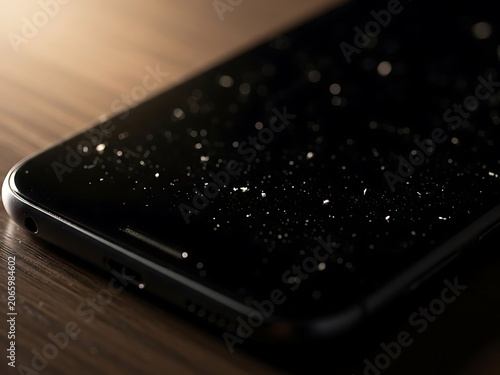 Close-Up Dirty Smartphone Screen with Dust Particles. Unhygienic Mobile Phone Display Needing Cleaning and Maintenance.