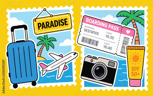 Summer Vacation Travel Vector Illustration with Suitcase Airplane and Boarding Pass