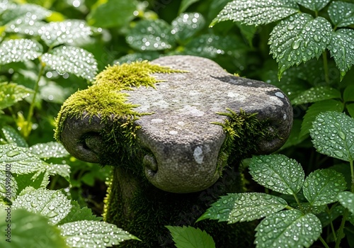 Ancient Mossy Stone Cross in Lush Green Foliage with Water Droplets – Weathered Religious Symbol