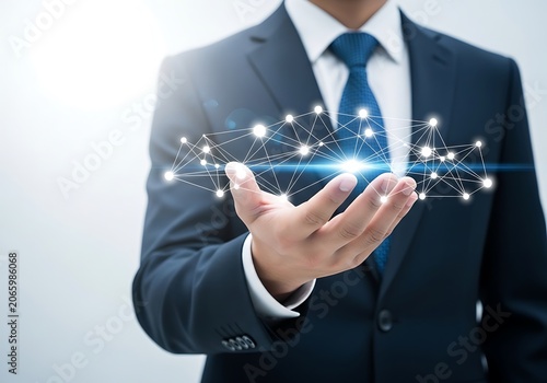 Businessman Holding Digital Network. Global Business Technology, Innovation  Future Connectivity Solutions