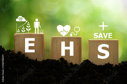 EHS text on woods and icons on natural background.
