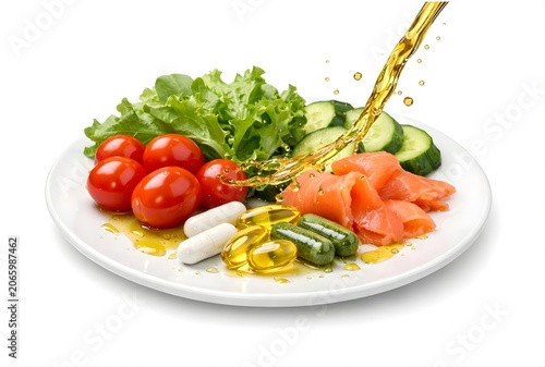 Fresh salad, smoked salmon, olive oil and supplement capsules on the plate isolated on white background 