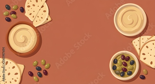 Top-Down Illustration of Mediterranean Food Spread Menu