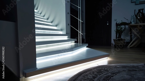 Modern illuminated white staircase with lighted steps leading to a shadowy upper floor in a contemporary interior