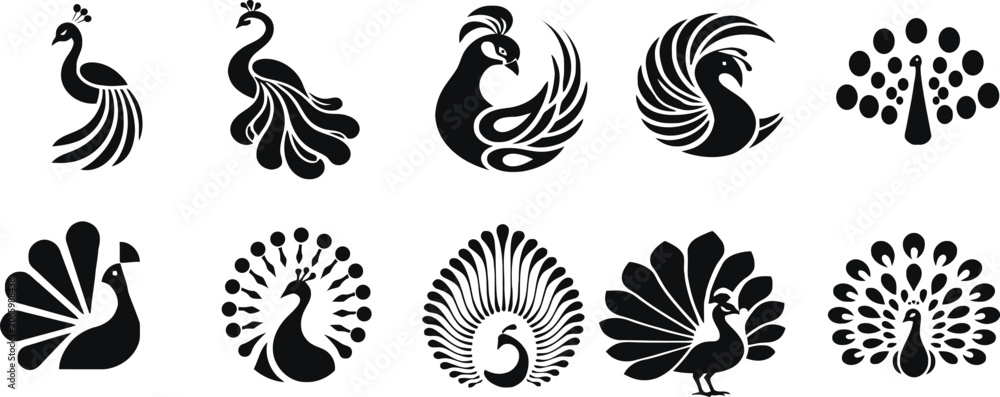 Fototapeta premium Premium peacock logo collection featuring elegant feather arrangements, decorative tail patterns
