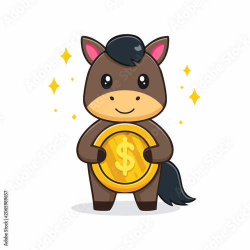 Cute Cartoon Horse Holding a Gold Coin with Dollar Sign