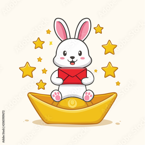 Cute cartoon rabbit holding red envelope in golden boat with stars