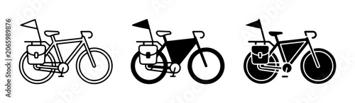 Tableau sur toile Bicycle Icons: Touring Bike with Panniers and Flag, Line Art and Silhouette Styl