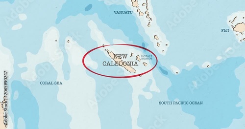 Motion graphic video of a red circle marking to new caledonia on a vintage political map