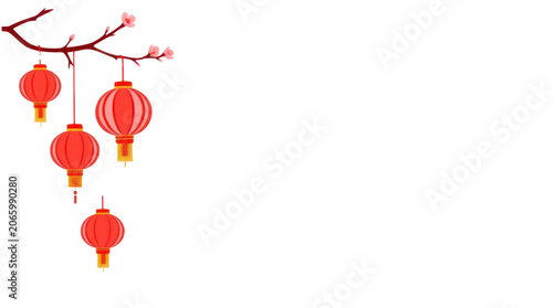 Bild auf Leinwand Lanterns and Cherry Blossoms on Transparent Background for Lunar New Year Celebr