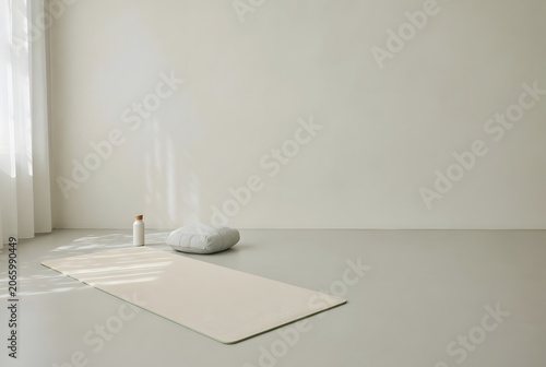 Meditation Mat on Floor in Peaceful Environment for Wellness, Mindfulness and Relaxation Concept. High-quality professional photograph featuring a meditation mat neatly placed on the floor in a calm 