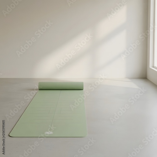 Meditation Mat on Floor in Peaceful Environment for Wellness, Mindfulness and Relaxation Concept. High-quality professional photograph featuring a meditation mat neatly placed on the floor in a calm 